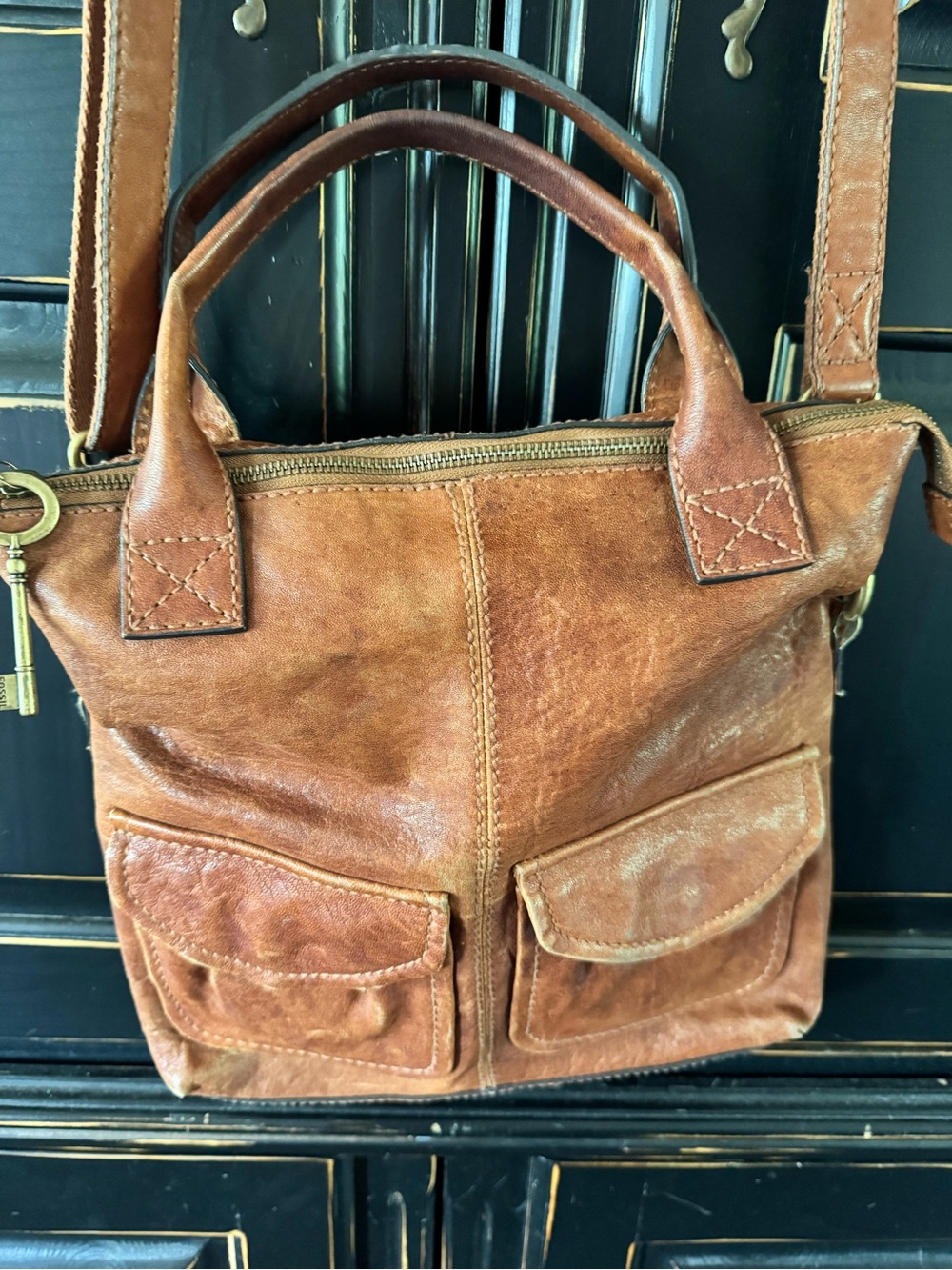 Fossil Brown Leather Messenger Crossbody with Front Pockets